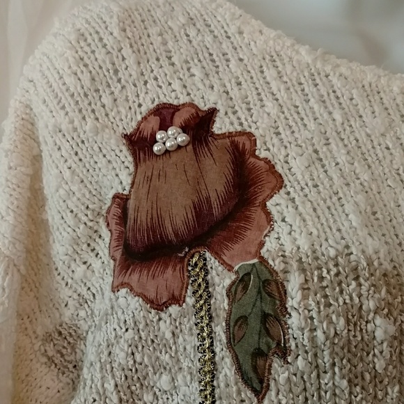 VTG 80s Floral Applique Boucle Sweater M - EUC - Picture 6 of 8